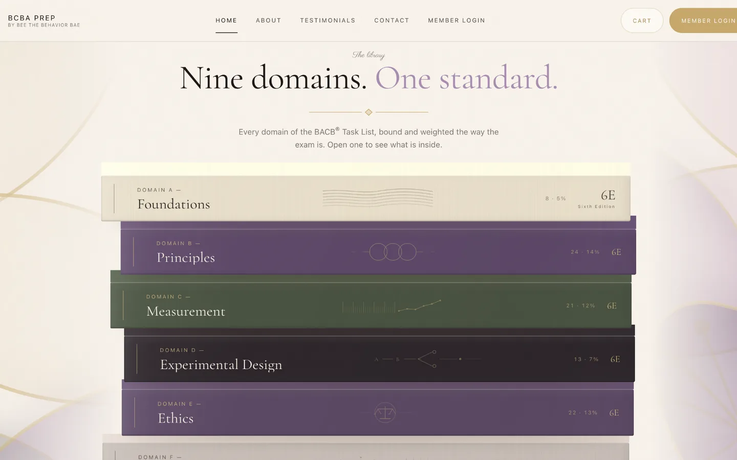 BCBA Prep home page: “Nine domains. One standard.” above a stack of book spines, one per exam domain, from Domain A Foundations to Domain E Ethics