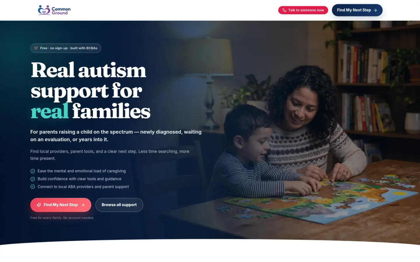 Common Ground home page: “Real autism support for real families,” with a Find My Next Step button