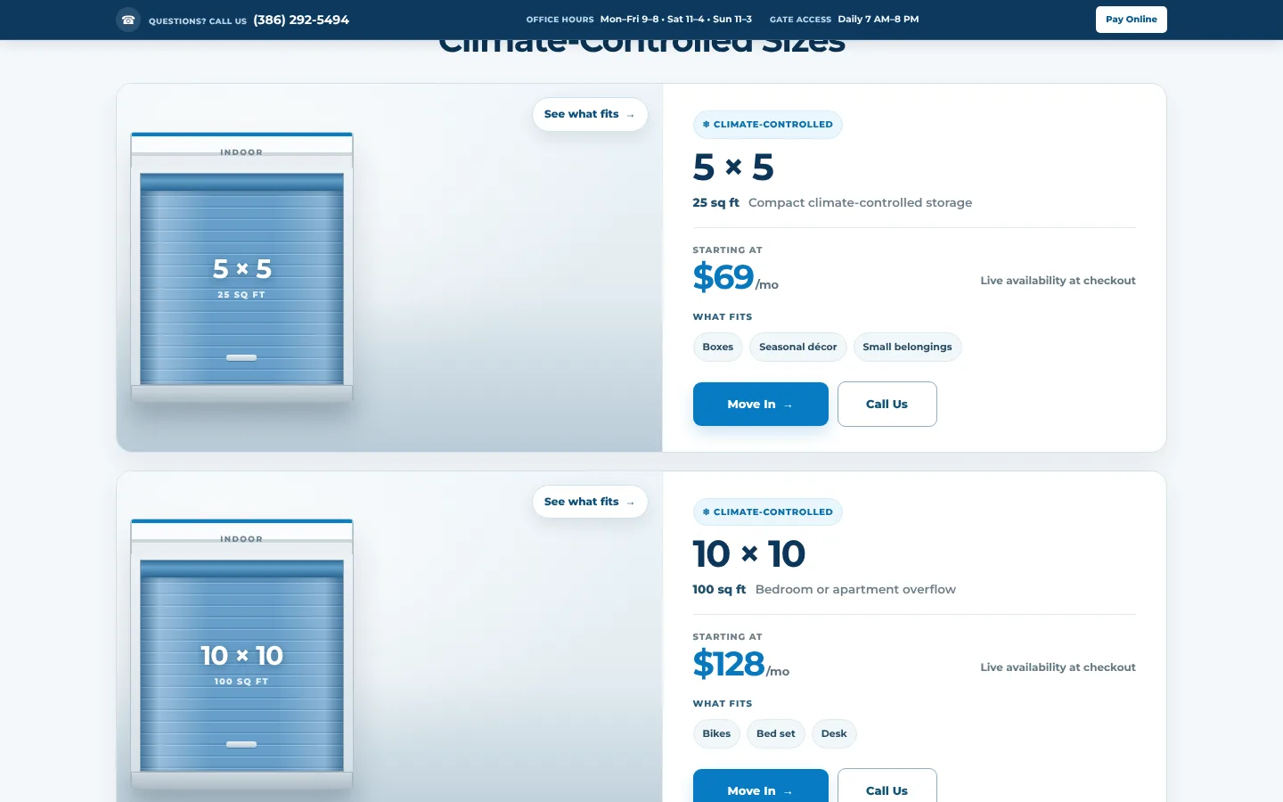 Lake City Self Storage demo: the climate-controlled sizes step, unit sizes with current prices and a reserve button for each