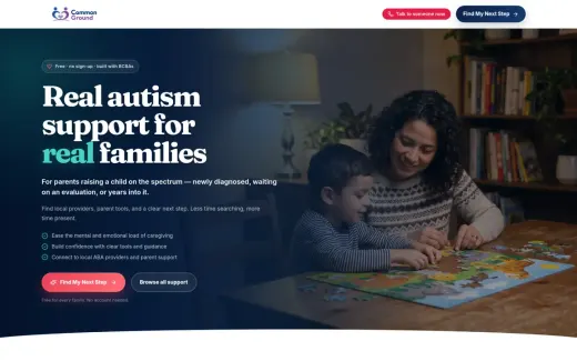 Common Ground home page: “Real autism support for real families,” with a Find My Next Step button