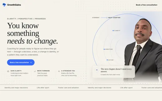 GrowthGains home page: “You know something needs to change,” a Book a free consultation button, and a portrait beside a current-to-next-chapter diagram