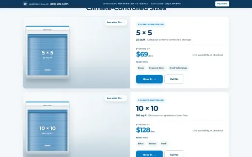 Lake City Self Storage demo: the climate-controlled sizes step, unit sizes with current prices and a reserve button for each